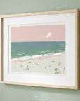 Pastel beach artwork with pink sky, teal ocean waves, and small figures on a sandy shore in a soft coastal style
