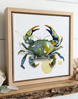 Modern watercolor painting of a blue crab with green and blue tones on a clean white background.