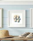 Watercolor painting of pink and coral flip flops with soft shadows on a white background.