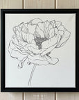 Minimalist ink drawing of a large peony flower with detailed linework on a white background.