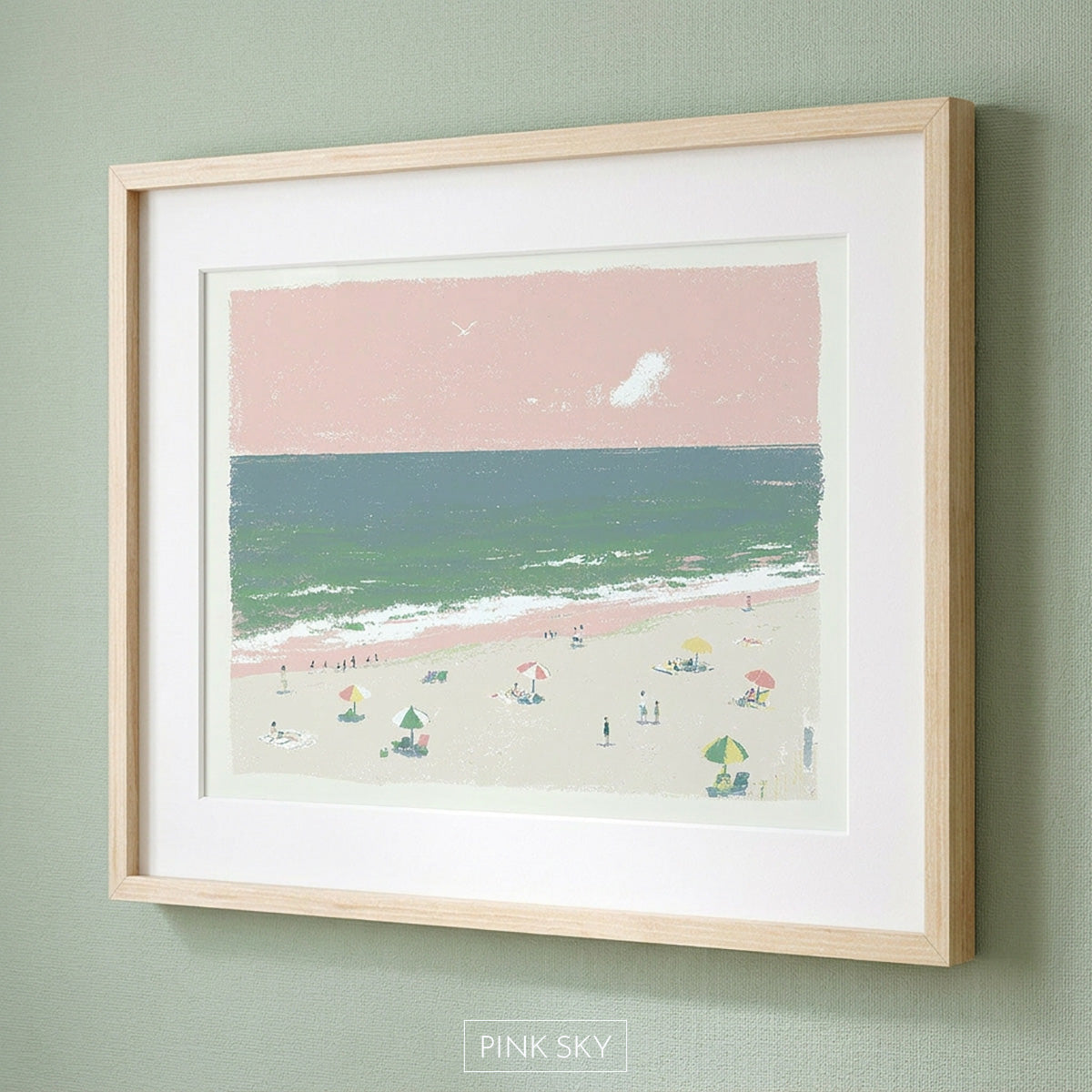 Pastel beach artwork with pink sky, teal ocean waves, and small figures on a sandy shore in a soft coastal style