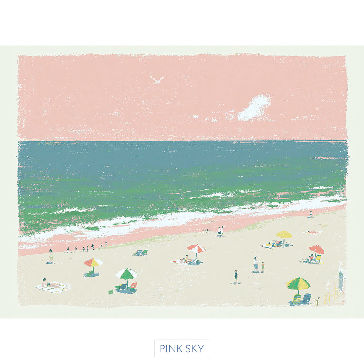 Pastel beach artwork with pink sky, teal ocean waves, and small figures on a sandy shore in a soft coastal style