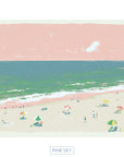 Pastel beach artwork with pink sky, teal ocean waves, and small figures on a sandy shore in a soft coastal style
