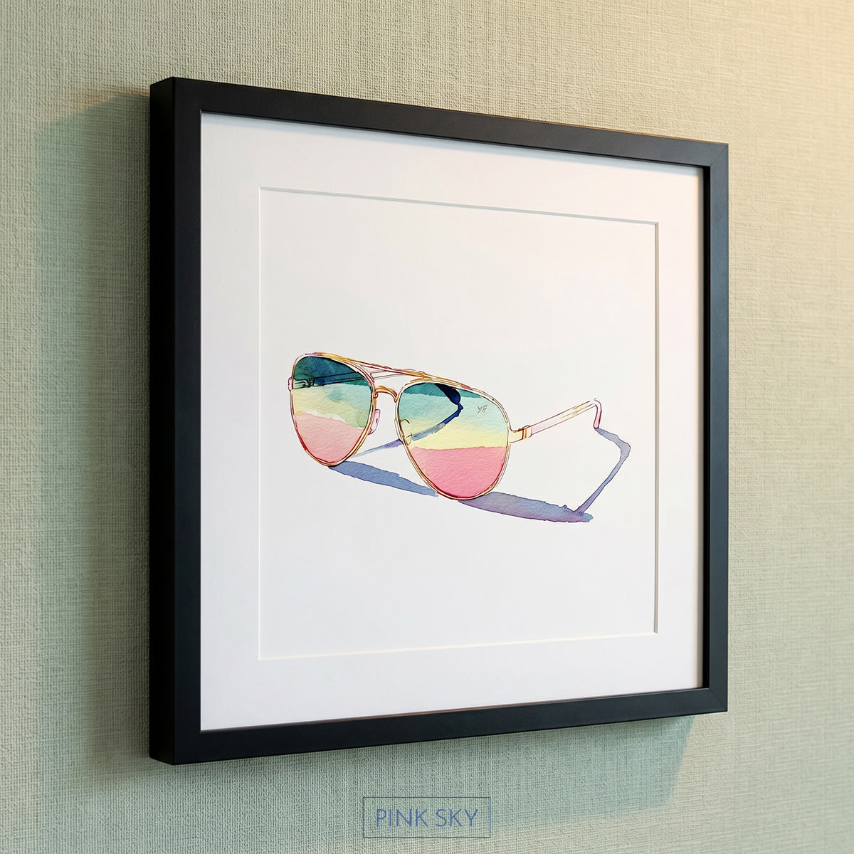 Sunglasses wall art print with pastel reflections, coastal summer decor for beach house or bedroom