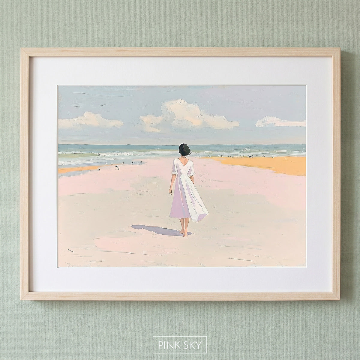 Woman walking on beach wall art with ocean waves and soft pastel colors, coastal decor print