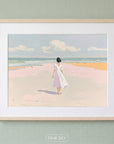 Woman walking on beach wall art with ocean waves and soft pastel colors, coastal decor print