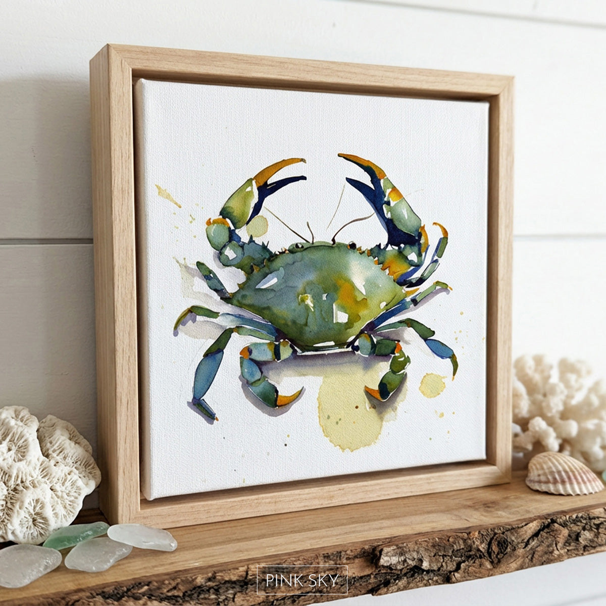 Modern watercolor painting of a blue crab with green and blue tones on a clean white background.