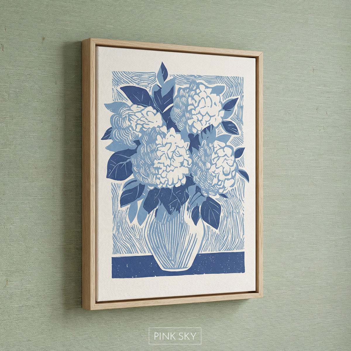 Blue hydrangea flowers arranged in a vase, rendered in a graphic botanical print style with layered blue tones.