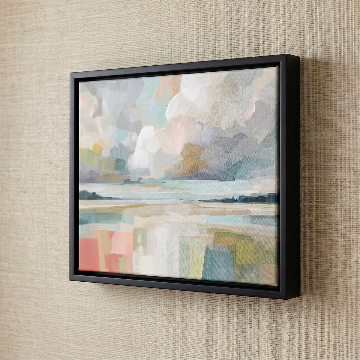 Abstract coastal landscape painting with pastel colors and soft horizon, modern beach wall art in black frame