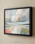 Abstract coastal landscape painting with pastel colors and soft horizon, modern beach wall art in black frame