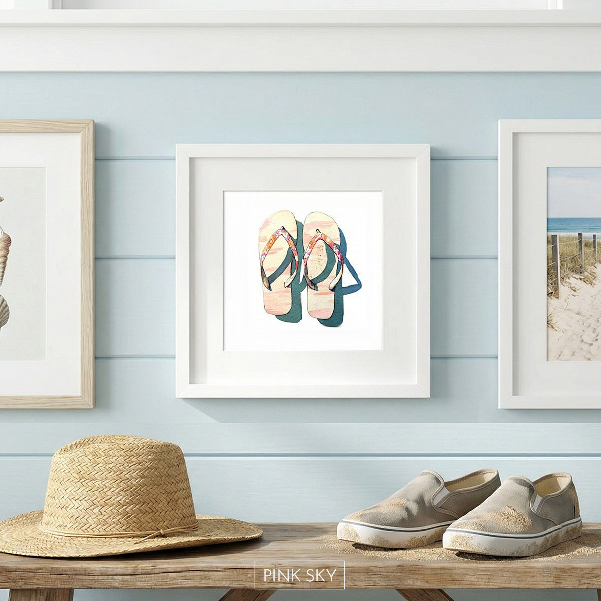 Watercolor painting of pink and coral flip flops with soft shadows on a white background.