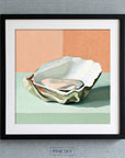 Watercolor oyster shell wall art in pastel colors, coastal beach decor print for bathroom or bedroom