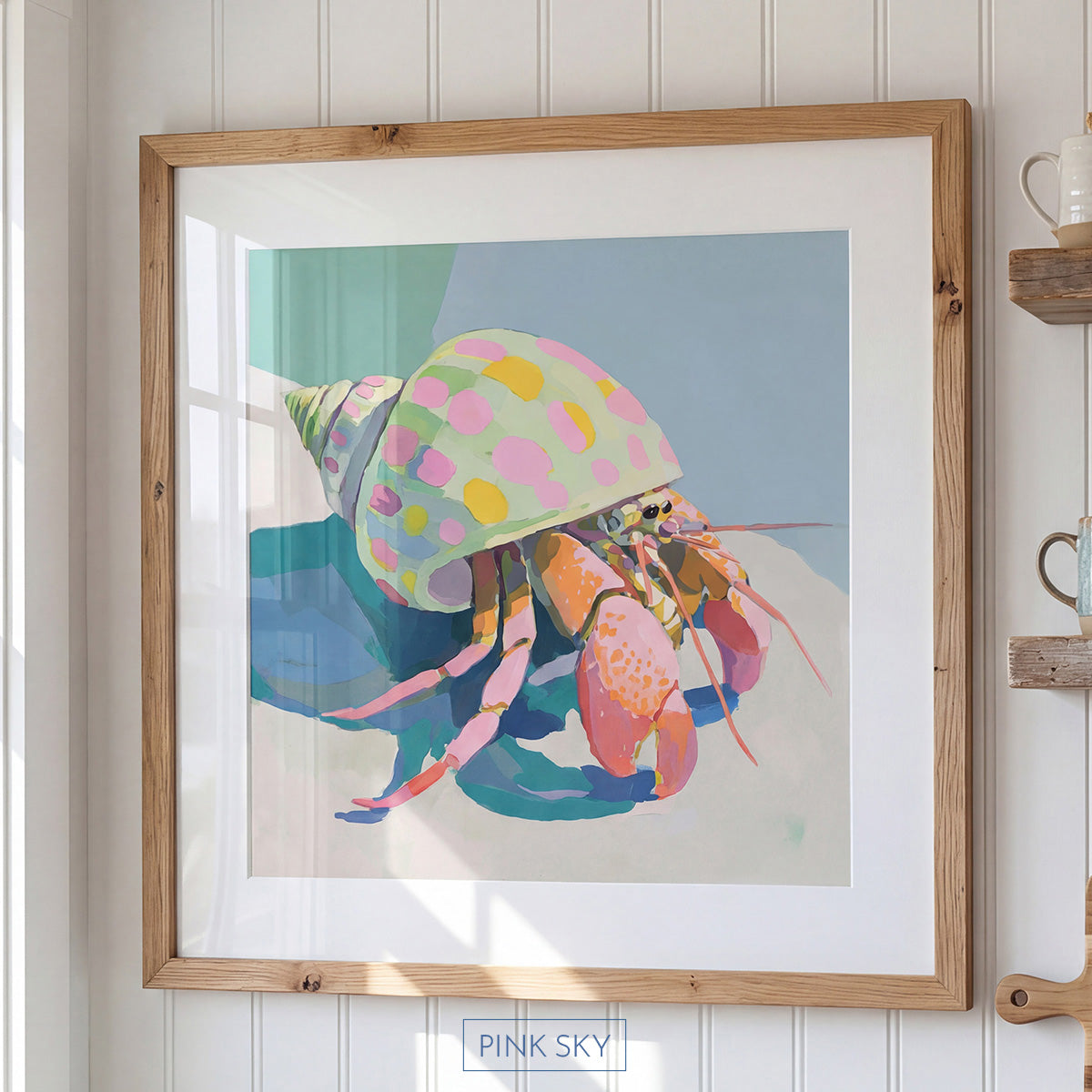Colorful modern painting of a hermit crab with a pastel green and pink shell on a soft coastal background.
