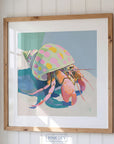 Colorful modern painting of a hermit crab with a pastel green and pink shell on a soft coastal background.