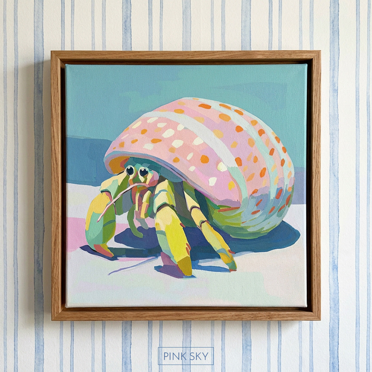 Colorful modern painting of a hermit crab with a pastel green and pink shell on a soft coastal background.