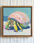 Colorful modern painting of a hermit crab with a pastel green and pink shell on a soft coastal background.