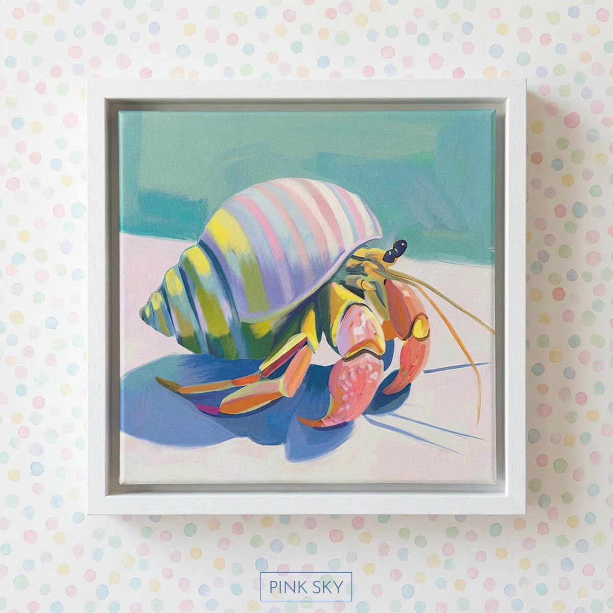 Colorful modern painting of a hermit crab with a pastel green and pink shell on a soft coastal background.