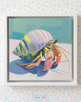 Colorful modern painting of a hermit crab with a pastel green and pink shell on a soft coastal background.