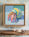 Colorful modern painting of a hermit crab with a pastel green and pink shell on a soft coastal background.