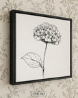 Black and white hydrangea line art print, minimalist botanical wall art in modern frame for neutral home decor