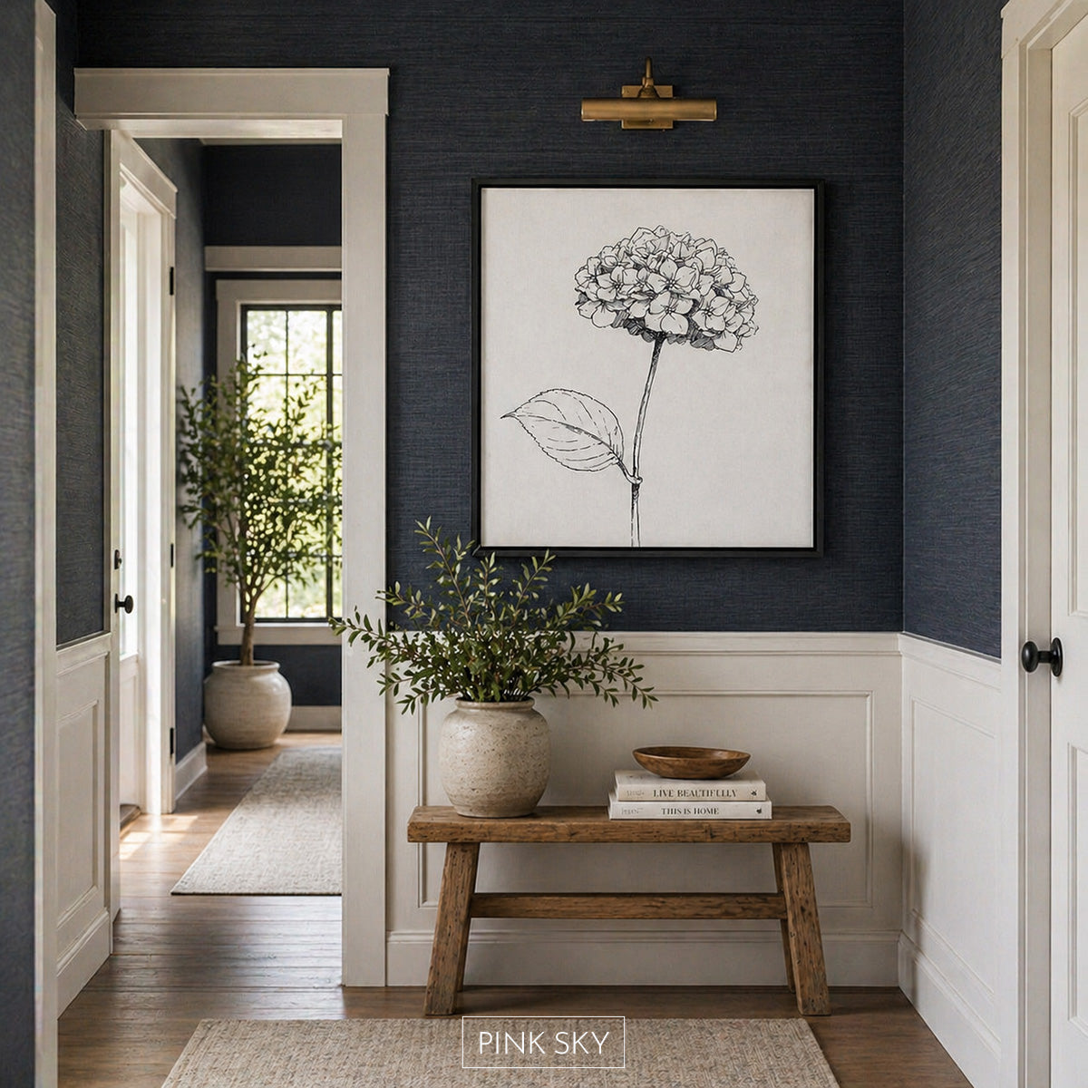 Black and white hydrangea line art print, minimalist botanical wall art in modern frame for neutral home decor