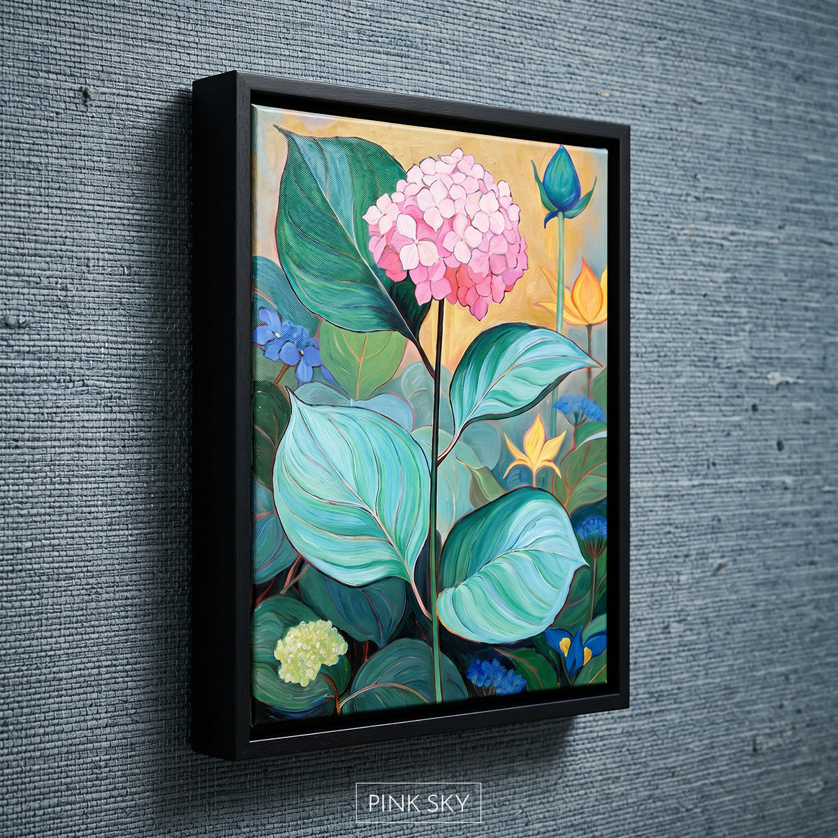 Hydrangea wall art print with green leaves and pink flowers, botanical floral decor for farmhouse or coastal home