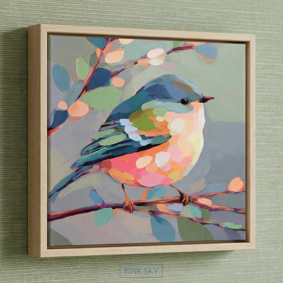 Soft, whimsical painting of a small bird perched on a branch in coastal-inspired colors, with airy brushstrokes and a light, serene palette.