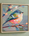 Soft, whimsical painting of a small bird perched on a branch in coastal-inspired colors, with airy brushstrokes and a light, serene palette.