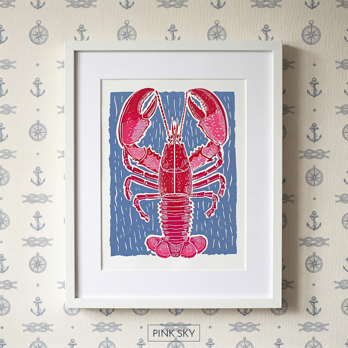 Red lobster wall art print on blue background, coastal nautical artwork for kitchen or beach house decor