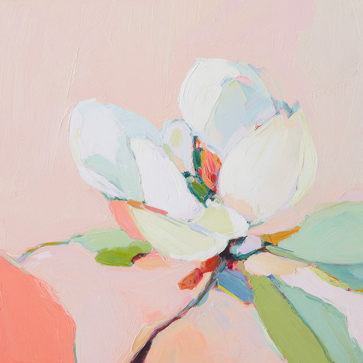 Modern magnolia blossom art print featuring creamy white petals and fresh green leaves on a warm pink sky background.