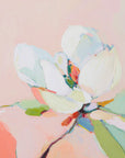 Modern magnolia blossom art print featuring creamy white petals and fresh green leaves on a warm pink sky background.