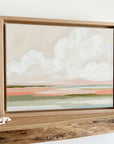 Soft modern coastal landscape painting with white clouds and pastel coral and blue horizon over calm water.
