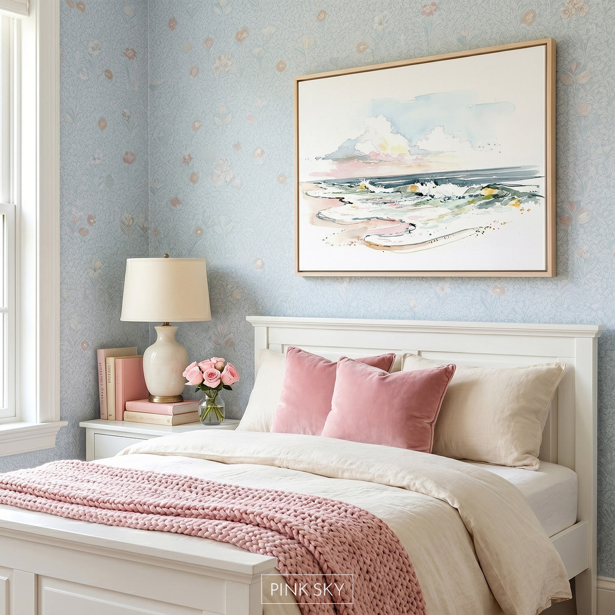 Watercolor seascape wall art with ocean waves and soft pastel sky, coastal beach decor print