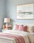 Watercolor seascape wall art with ocean waves and soft pastel sky, coastal beach decor print