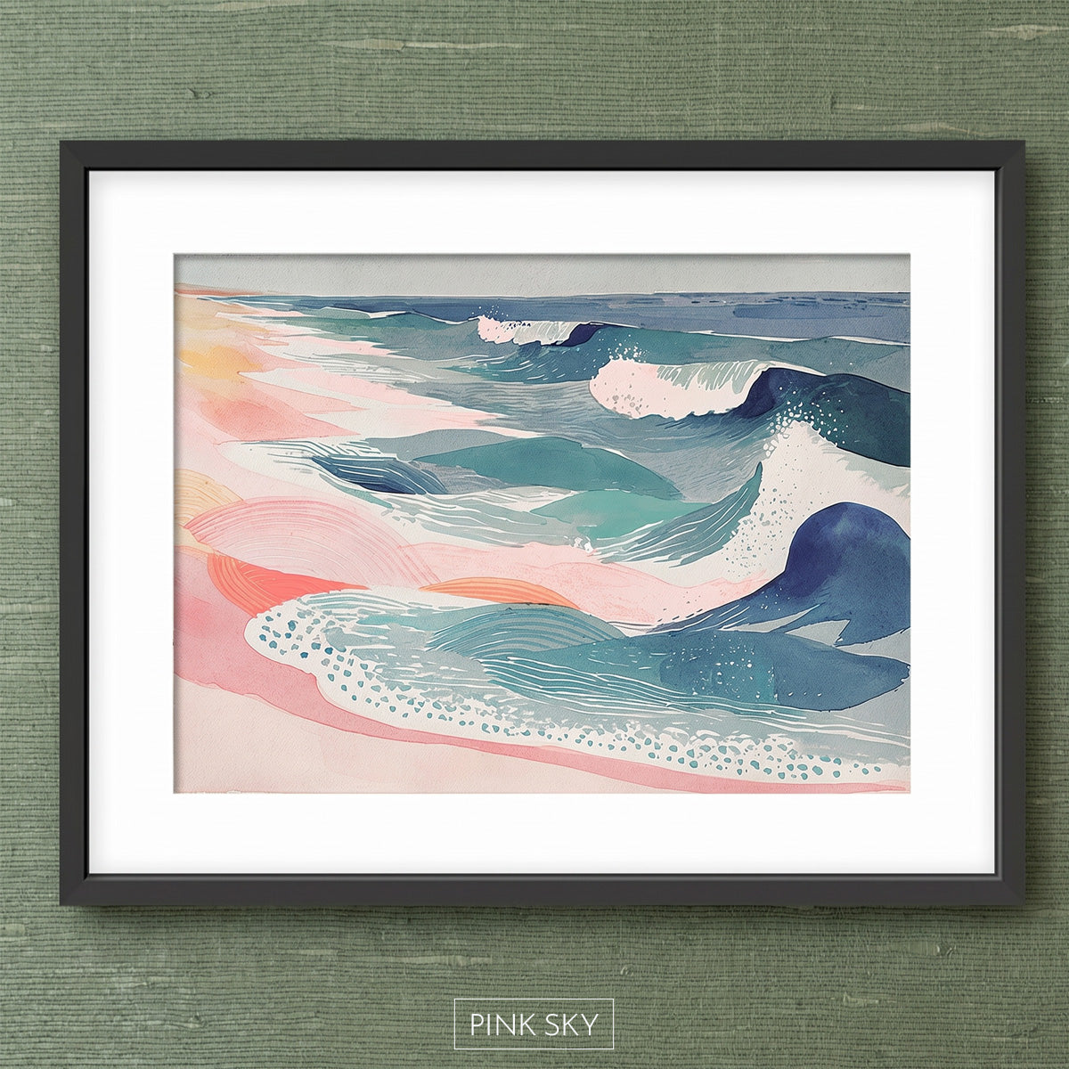 Abstract ocean wave wall art with blue and coral tones, modern coastal beach decor print