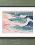 Abstract ocean wave wall art with blue and coral tones, modern coastal beach decor print
